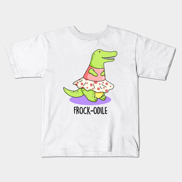 Frockodile Cute Girl Crocodile Pun Kids T-Shirt by punnybone